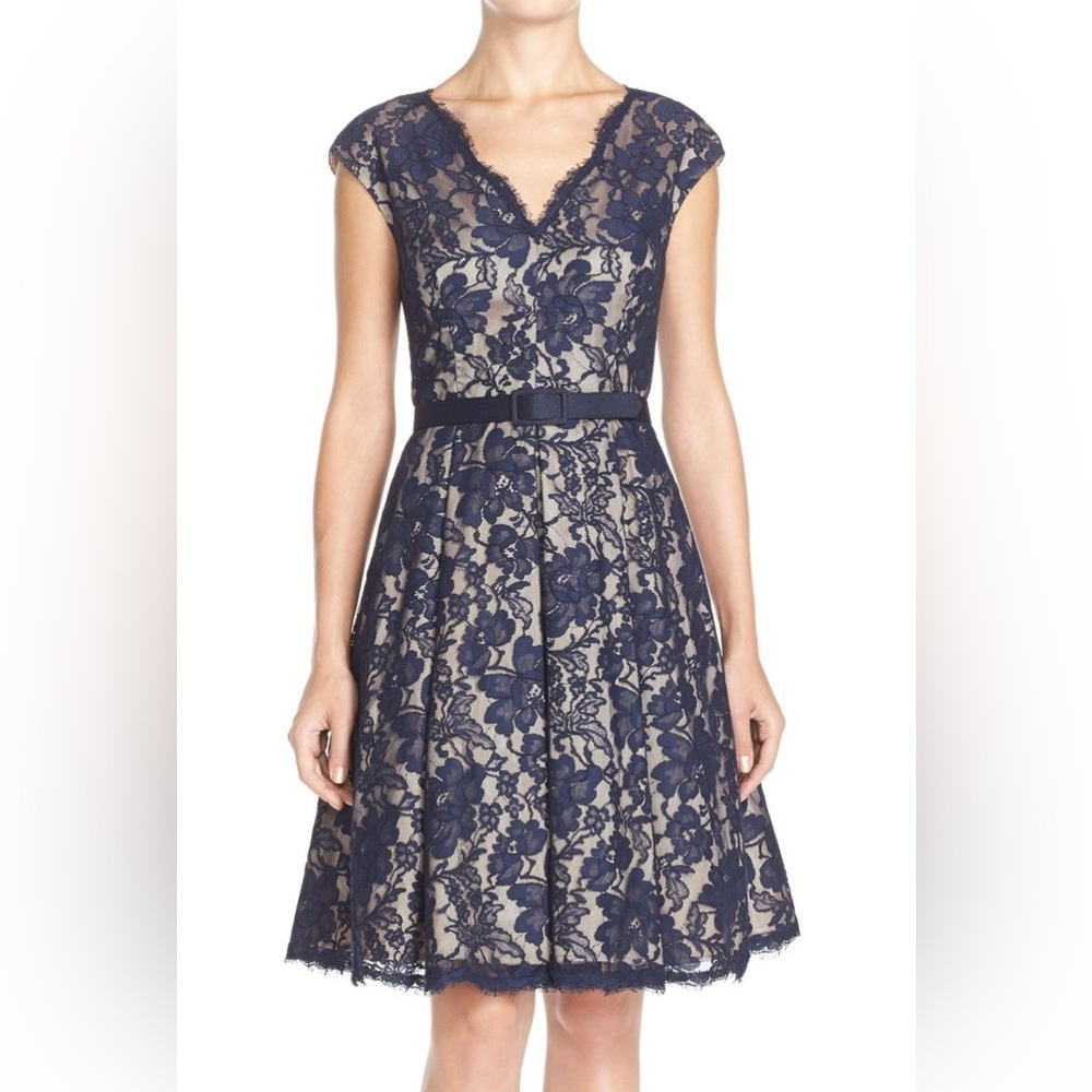 Eliza J Navy Blue V-Neck Lace Belted Fit & Flare Dress Size 8